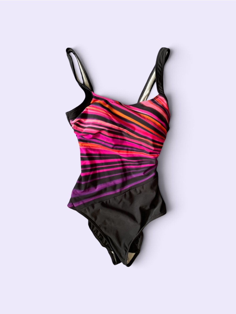 #186, Reebok One-Piece Swimsuit with Pink, Orange & Purple Stripes, size 12